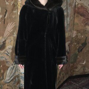 Beautiful long dark brown, hooded faux fur coat.